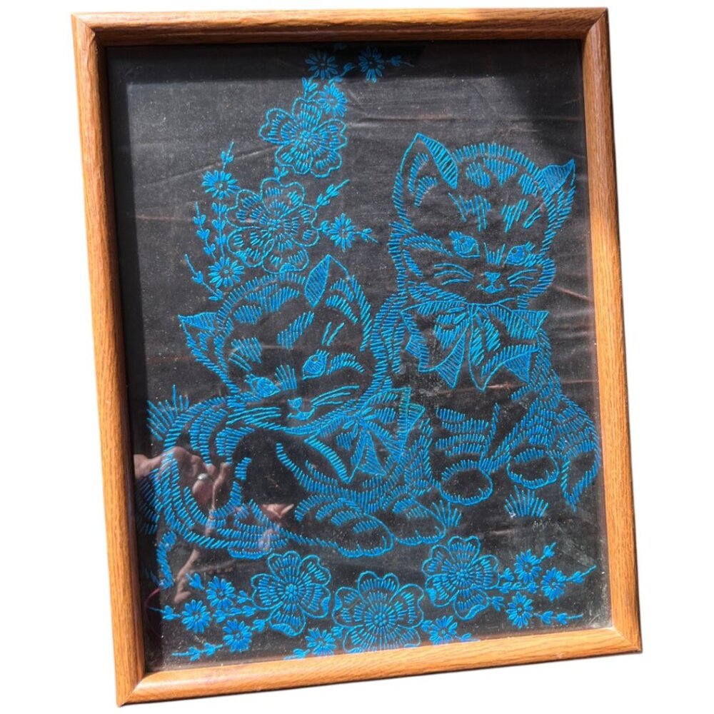 Vtg 1970s Embroidered Kittens Wall Art Framed Blue Crewel Stitch Black Fabric - Picture 2 of 14